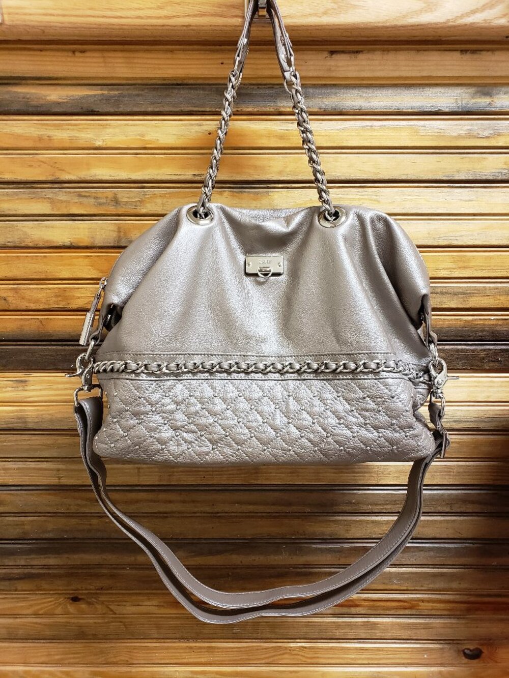 BODHI Metallic Gray Genuine Leather Slouchy Satchel Shoulder Bag Quilted Studded